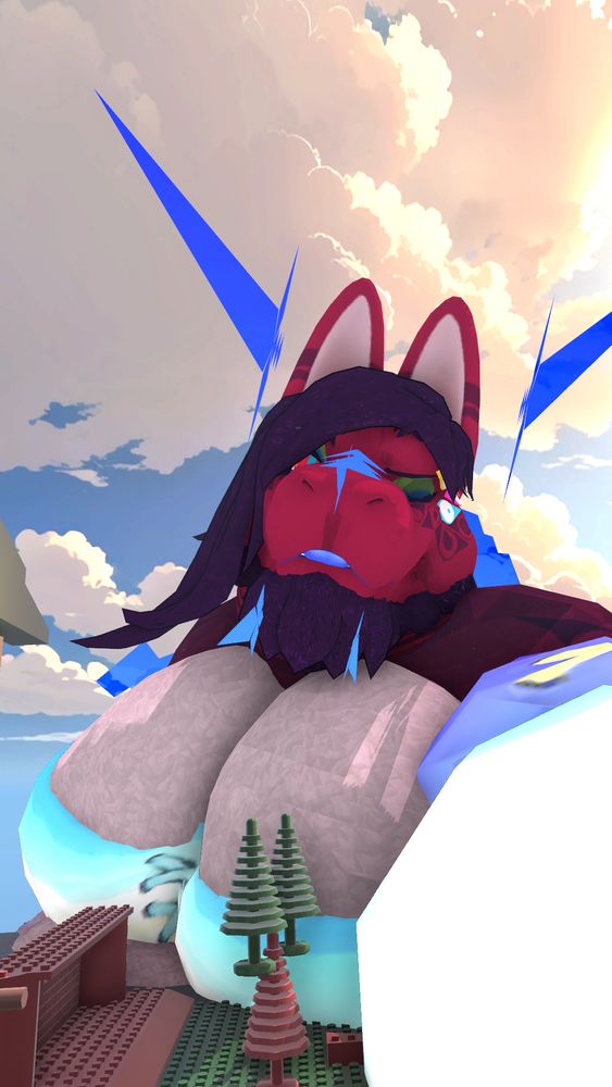 The same large catdragon, winking at the camera and wearing a bra and arm warmers, their breasts absolutely dwarfing blocky-looking scenery on a table.