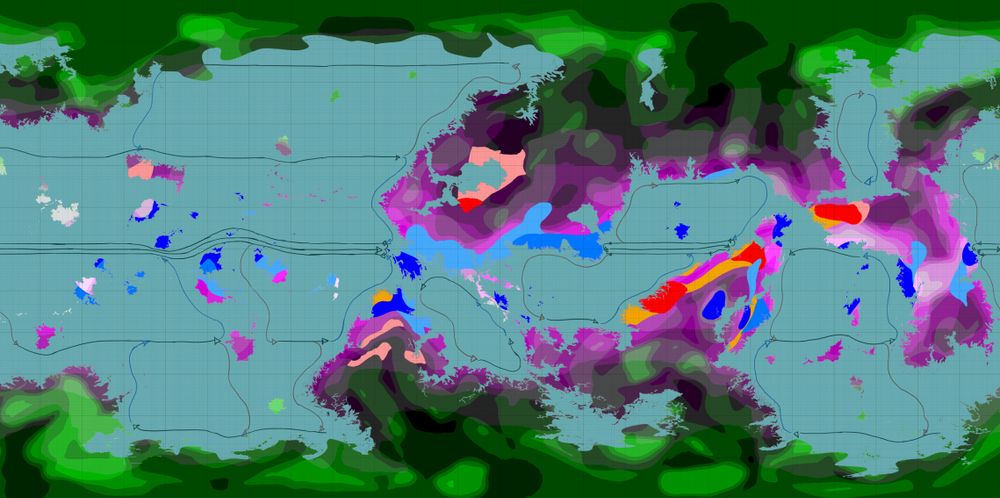 The same planet, same map legend, but it's now winter. There's also an unfinished climate zone map on top, using the same colours as the Köppen climate zone map of Earth on Wikipedia.