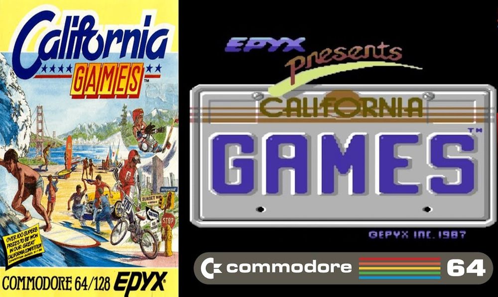 Box cover and loading screen for the 1987 California Games, for the Commodore 64. The cover shows the sports like surfing and BMX with the Golden gate Bridge in the background. The loading screen is pixel art showing the title in the form of a vanity plate. 