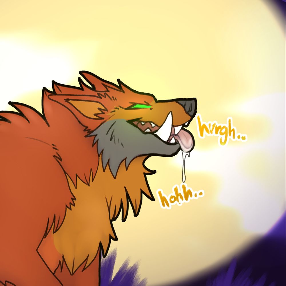 A bright orange werewolf with large, protruding tusks salivating against a full moon backdrop