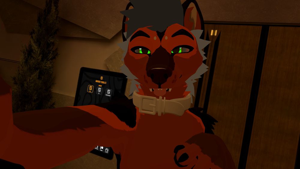 A orange cartoon wolf VRChat avatar wearing a collar, grinning and holding the camera to take a seflie