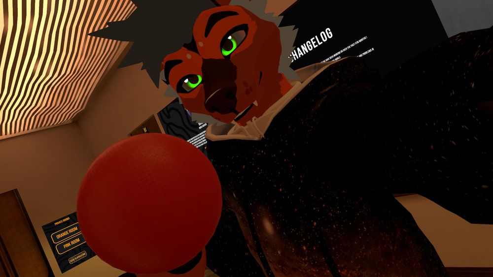 An orange cartoon wolf wearing a collar and space print hoodie taking a selfie with a dodgeball, smirking into the camera