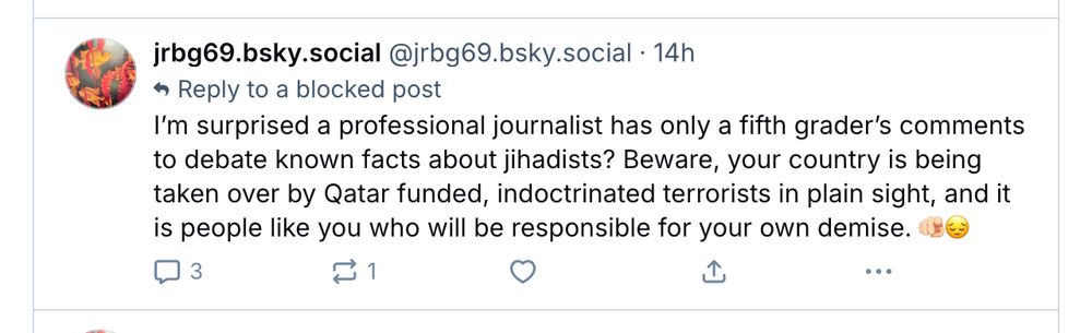 A screen grab of a skeet that says: “I’m surprised a professional journalist has only a fifth grader’s comments to debate known facts about jihadists? Beware, your country is being taken over by Qatar funded, indoctrinated terrorists in plain sight and it is people like you who will be responsible for your own demise.”