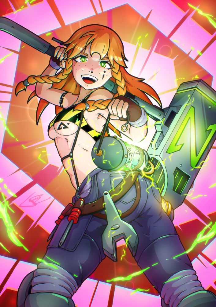 My OC Emmalyn charging up her hammer by revving up her engine while looking over her shoulder.