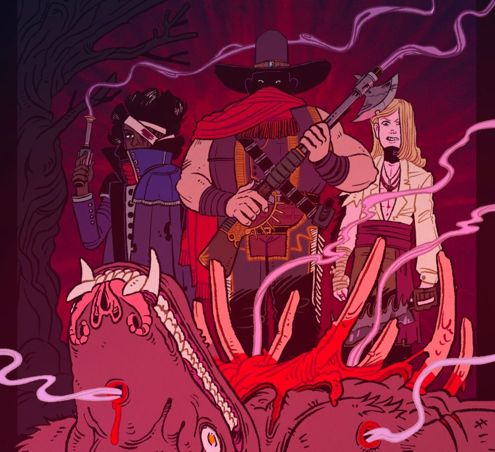 All the World's Prey art featuring a posse of bounty hunters observing a freshly killed monster