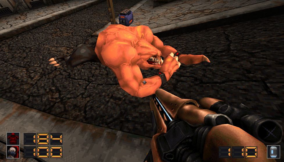 musclebound fleshy gorilla thing with claws and eyeless head which is just a big mouth full of teeth