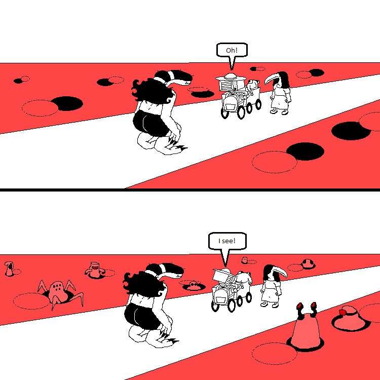part 14
panel 1: wide shot of whole group standing on road. the faint ovals in the ground are in fact covered holes which have now popped open. millie says "Oh!"

panel 2: same wide shot but with variety of strange characters peeping up from the holes. millie says "I see!"