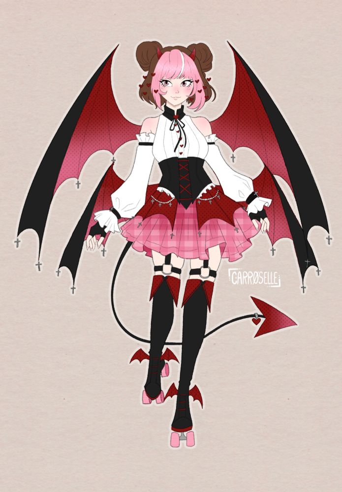 a girl dressed up as a succubus with four wings and small red horns in her hair. she’s wearing a white blouse, black bat themed corset, and a plaid fluffy pink skirt. she has roller blades on and a pointed demon tail with cross and heart decorations throughout. 