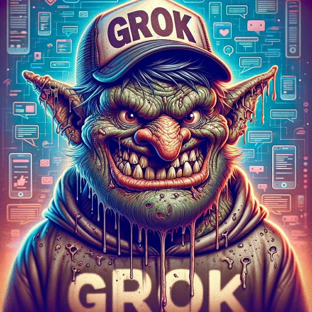 Stolen artwork from a Twitter account (that I can't track down) depicting the new Grok AI as a troll.

Not sure if the image is AI-generated.