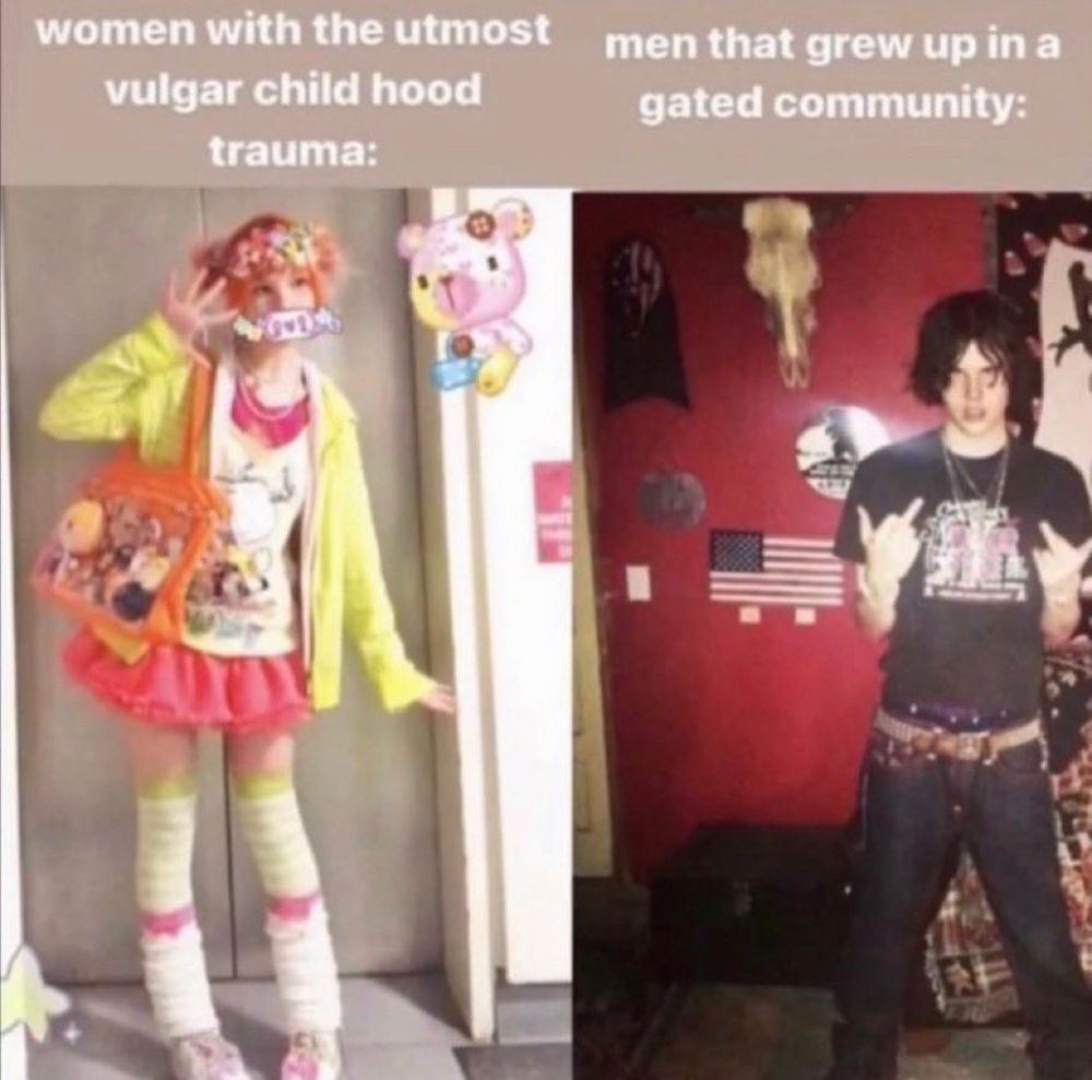 Top left text: women with the utmost vulgar childhood trauma
Left image: gyaru girl waving at the camera

Top right text: men that grew up in a gated community
Right image: punk / goth boy

Stolen from Twitter:
https://x.com/blephin_/status/1887498728811934075

No idea what the original source is.