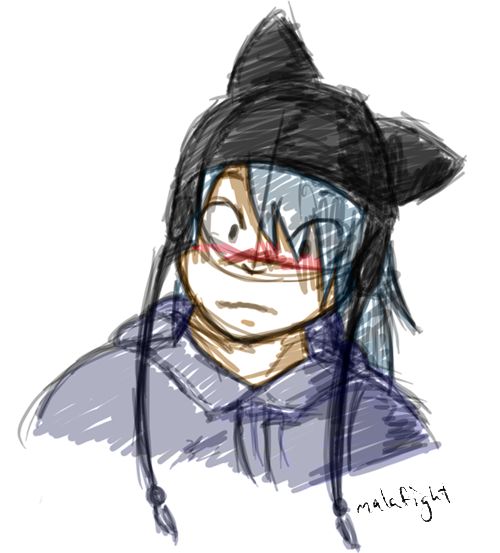 A very sketchy bust/portrait of a silver-haired man in a blue hoodie wearing a black cat-eared hat.
