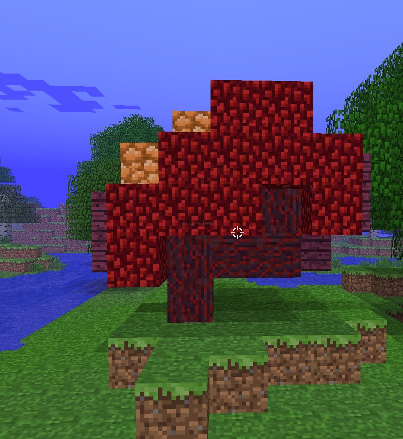 a crude recreation of the tree from the deltarune egg rooms in minecraft. a "gaster" nametag is visible through the leaves