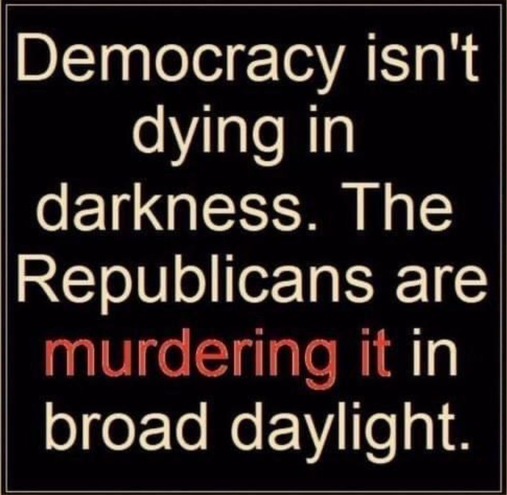 Text: Democracy isn't dying in darkness. The Republicans are murdering it in broad daylight.