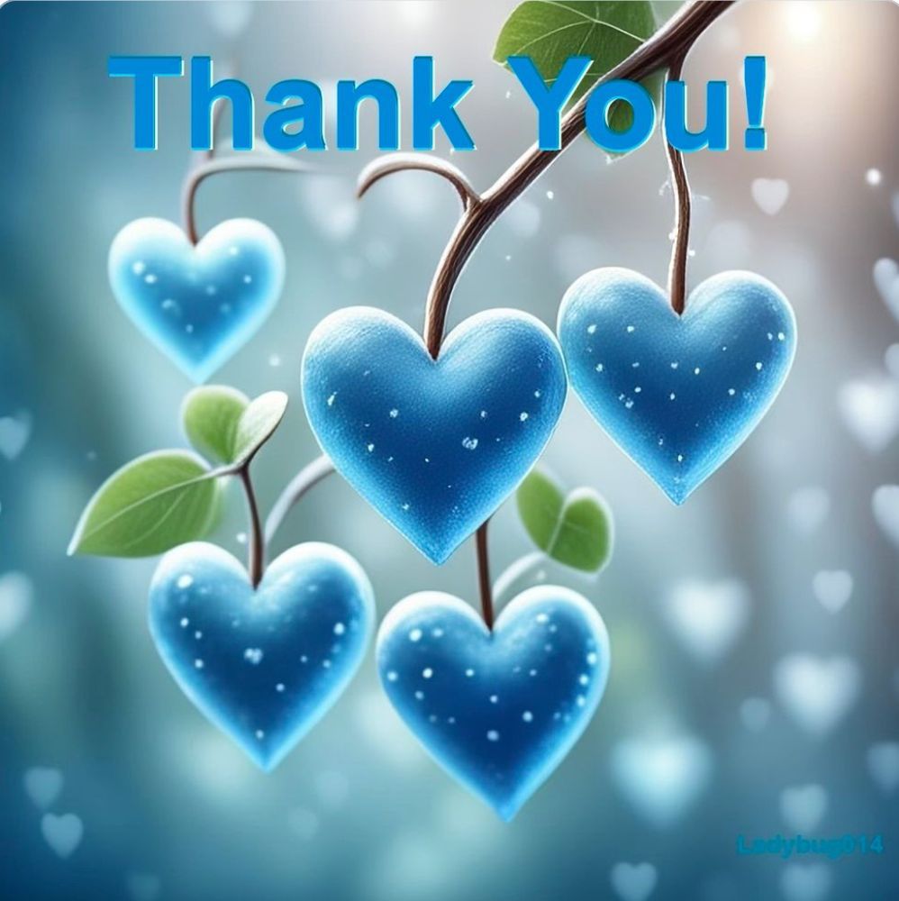 Graphic: Blue hearts hanging from branches on a tree. Text: Thank You!