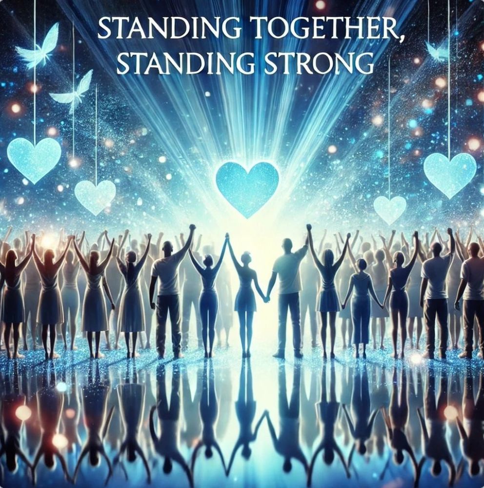 Graphic: Blue figures standing with their hands raised. There are blue hearts and blue doves in the air. Text: Standing together, standing strong.