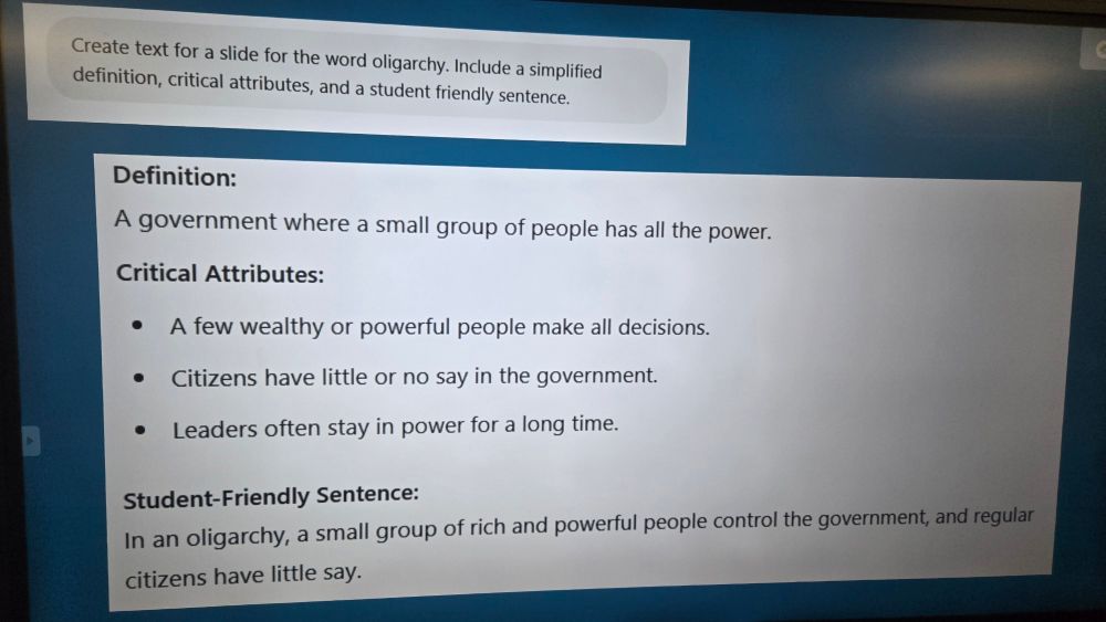 Prompt, create text for a slide for the word oligarchy. Include a simplified definition, critical attributes, and student-friendly definition.  