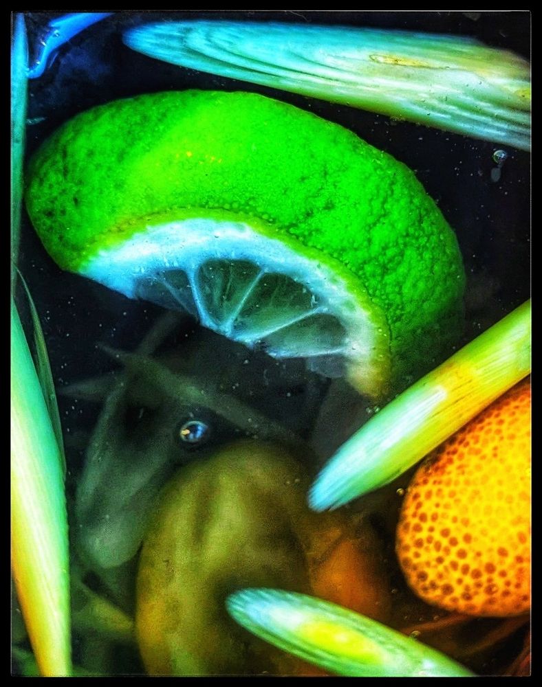 Nahaufnahme einer Limonade mit Fruchtsücken. Kumquat, Orange, Zitronengras, Limette.