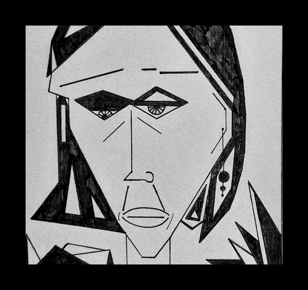 Tuschezeichnung des Gesichtes einer Frau. Gesenkter, tief trauriger, verzweifelter Blick. Gekerbte Linien. Kantige Züge, mittellanges, schwarzes Haar. Eine Pupille nach oben, eine nach unten schauend. Schwarzer Zacken ragen ins Bild. Feindliche Umwelt. 