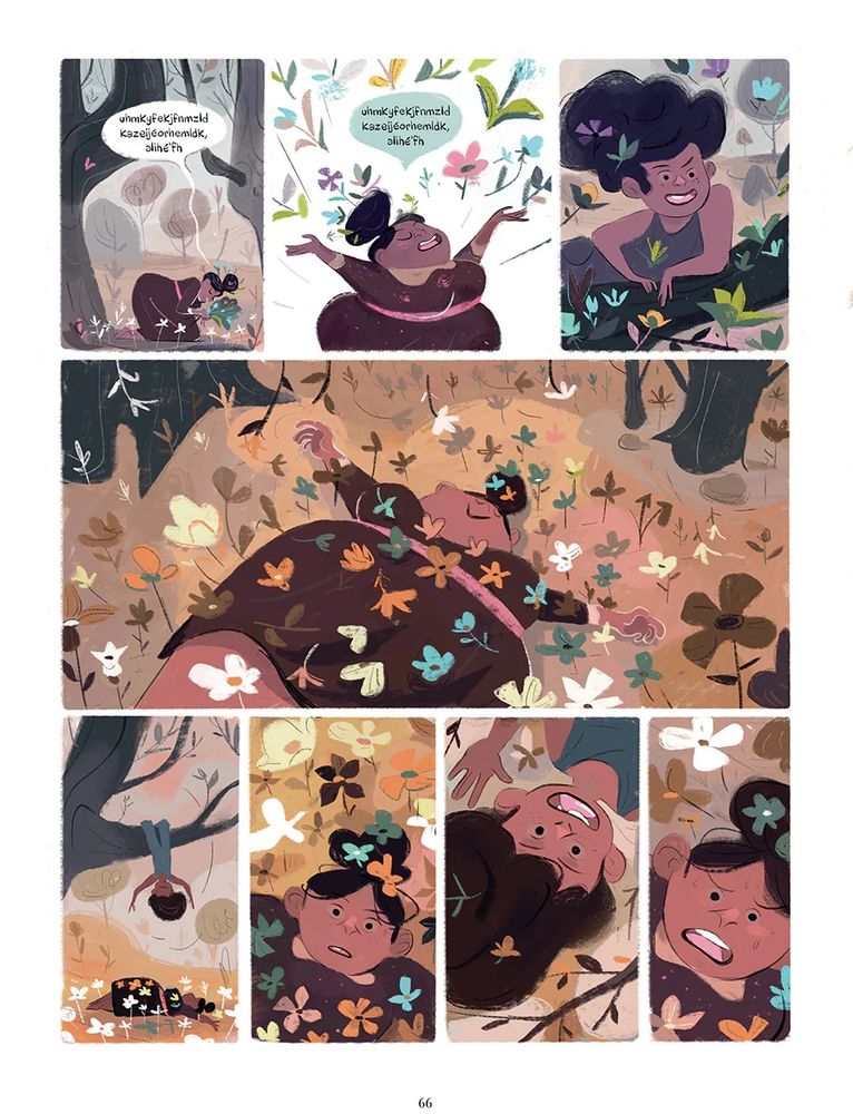 Girl dancing in the forest happily playing in the flowers and leaves. She sees a boy above her, and is scared 