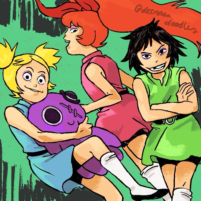 Bubbles, Blossom, and Buttercup drawn in Gorillaz art style 