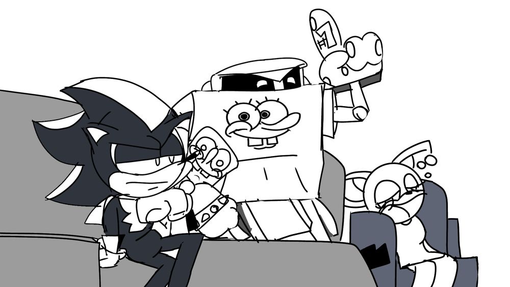 Sketch do Shadow, Omega e Rouge assistindo algo (julgando pela roupa do Omega, provavelmente Bob Esponja)