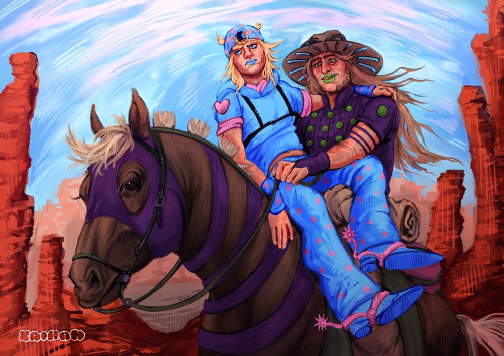 Fanart of Johnny Joestar and Gyro Zeppeli from Jojo's Bizarre Adventure: Steel Ball Run riding Gyro's horse together. What happened to Johnny's horse? Did it run away? Did they just decide to go on a little peaceful stroll togerher like that? idk man