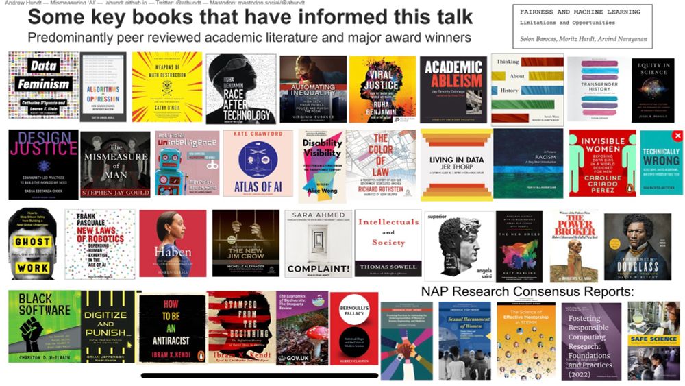 Data feminism, race after technology, algorithms of oppression, equity in science, the mismeasure of man, new laws of robotics, living in data, thinking about history, ghost work, the new breed, automating inequality, Fairness and Machine Learning, design justice, artificial unintelligence, atlas of ai, disability visibility, the color of law, living in data, racism: a very short introduction, invisible women, ghost work, new laws of robotics, the power broker, haben, the new jim crow, complaint, intellectuals and society, superior, the new breed, the power broker, frederick douglass: prophet of freedom, black software, digitize and punish, how to be antiracist, stamped from the beginning, the economics of biodiversity, bernoulli’s fallacy, technically wrong, Fostering responsible computing research, Promising Practices for Addressing the Underrepresentation of Women in Science, Engineering, and Medicine, The Science of Effective Mentorship in STEMM, Safe Science (NAP 2014)