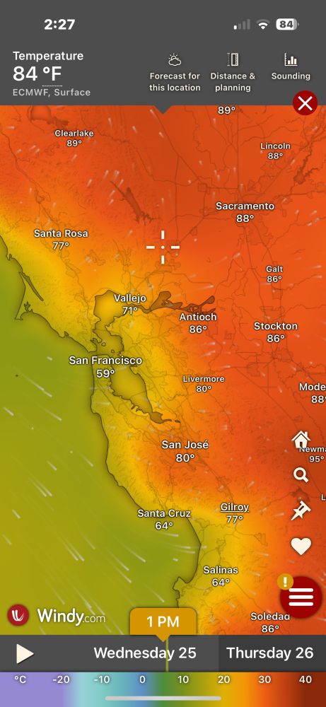 A temperature heat map showing hot areas inland while San Francisco is 59 degrees