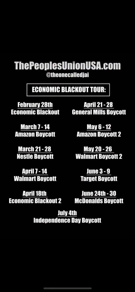 Economic blackout dates per entity like full blackout no purchases Feb 28, then dates in March  and April protesting multinational corps like Walmart, nestle, Amazon, target, General Mills, meta, Coca Cola, etc. who’s power transcends international borders. This is to show companies the power of our dollars. 