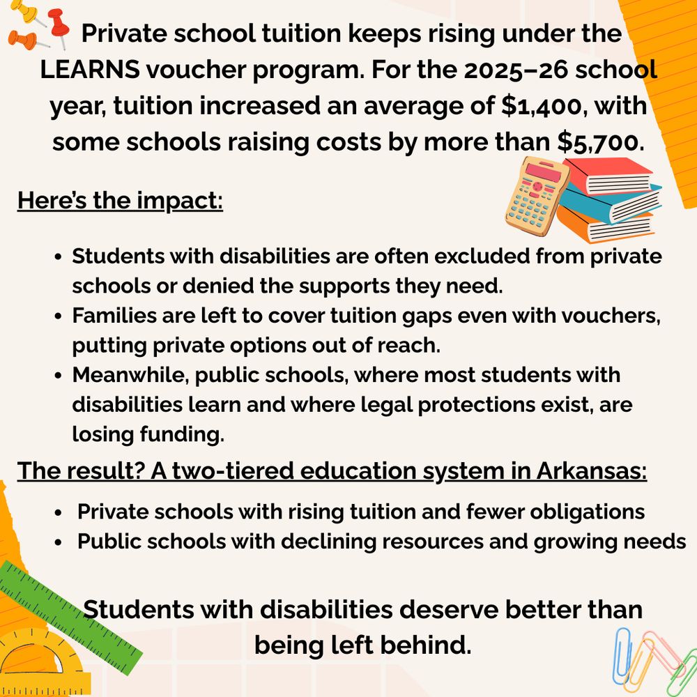 Infographic explaining rising private school tuition under the LEARNS voucher program and its impact on students with disabilities in Arkansas. Tan background with school supplies scattered throughout the graphic including push pins, rulers, calculator, stack of books, paperclips, and paper.