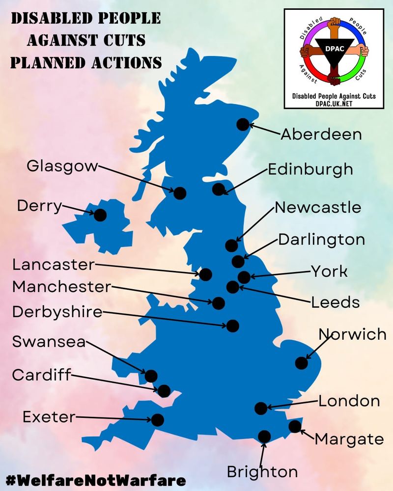 Image shows  pink, green, yellow background. UK is in Blue. There are lines with dots in black pointing to areas that have actions 
Aberdeen 
Brighton 
Chesterfield Derbyshire 
Cardiff 
Derry Northern Ireland 
Darlington 
Edinburgh 
Exeter 
Glasgow 
Leeds
Lancaster 
London 
Margate 
Manchester 
Newcastle 
Norwich 
Swansea