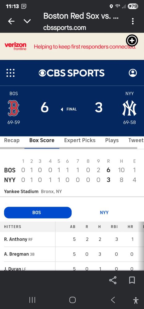 Red Sox 6 Yankees 3.