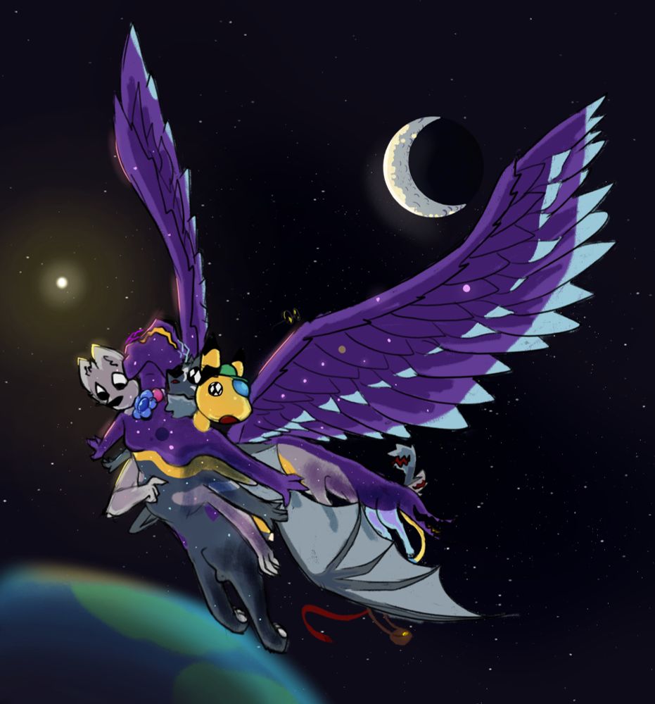 Slightly less raw sketch, depicting a taurtrain with various fur colors coming from the 4 characters previously featured. We have two pairs of wings, on bat-like and one glossy and feathered, from Inkstain and Glass respectively. 