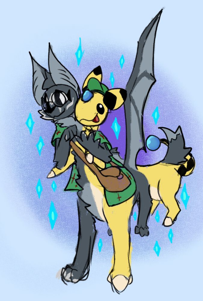 A little sketch showing a taur mix of Inkstain (inkstainthebat.bsky.social) and Flux (ampharos.pmd.social). They have 6 legs and 4 arms combined. Sparkles are strewn all over, meaning tf magic is still active