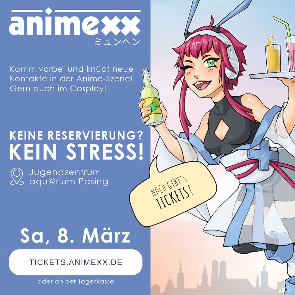 Komm vorbei und knüpf neue Kontakte in der Anime-Szene! Gern auch im Cosplay!

Sa, 8. März
https://tickets.animexx.de oder an der Tageskasse