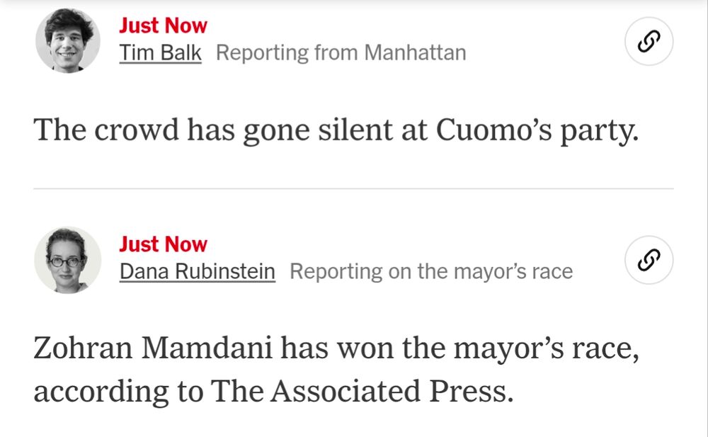 The NYT announces Mamdani wins, and that the crowd has gone silent at Cuomo's watch party