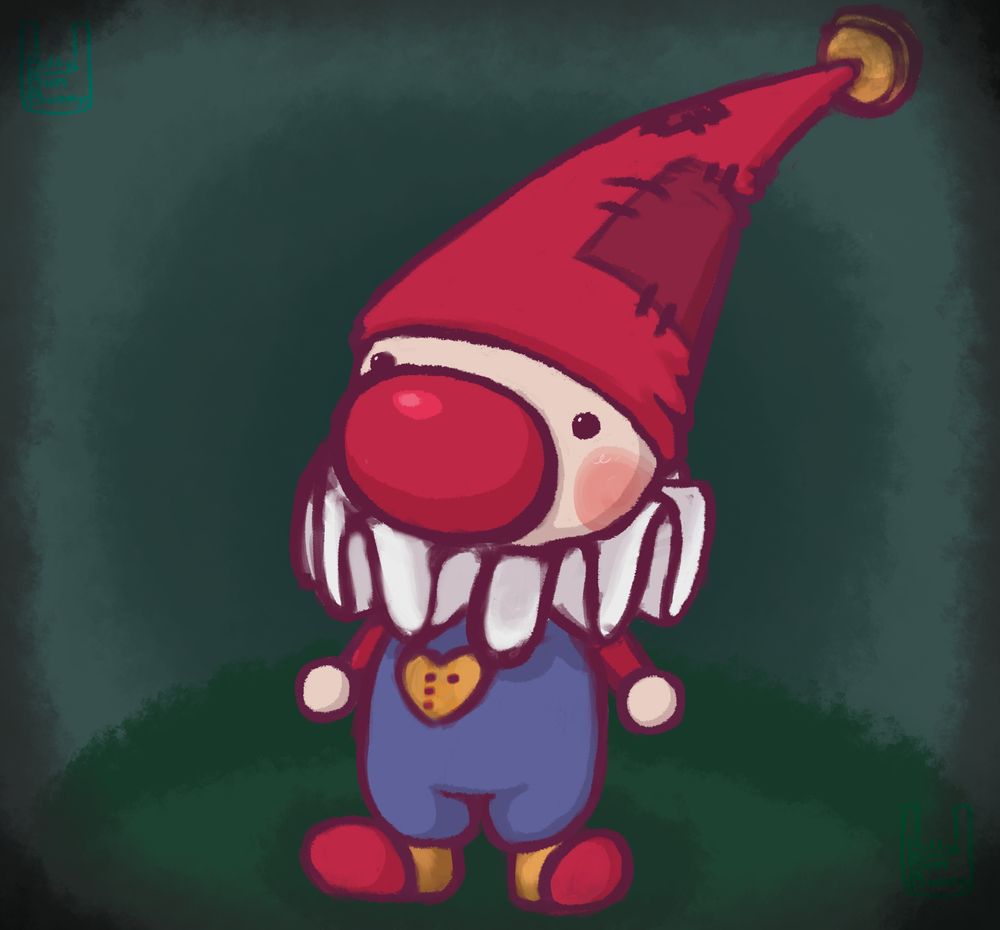 poco from the game poco- a small, friendly-looking clown with a very large red nose and a pointy red hat holding a golden bell on the end. the little fella has a gold heart on his chest with the letter P in braille engraved onto it.