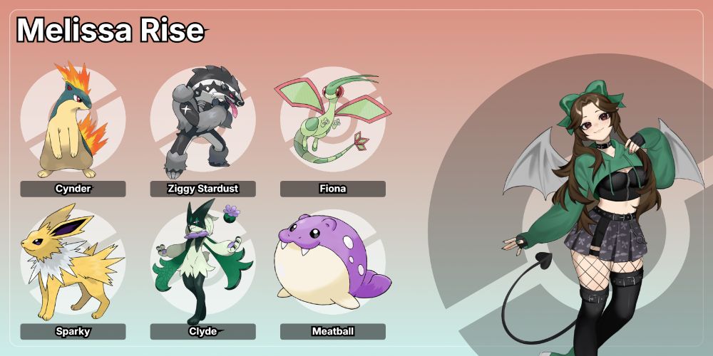 Melissa Rise trainer card with Quilava, Obstagoon, Flygon, Jolteon, Meowscarada, and Spheal
