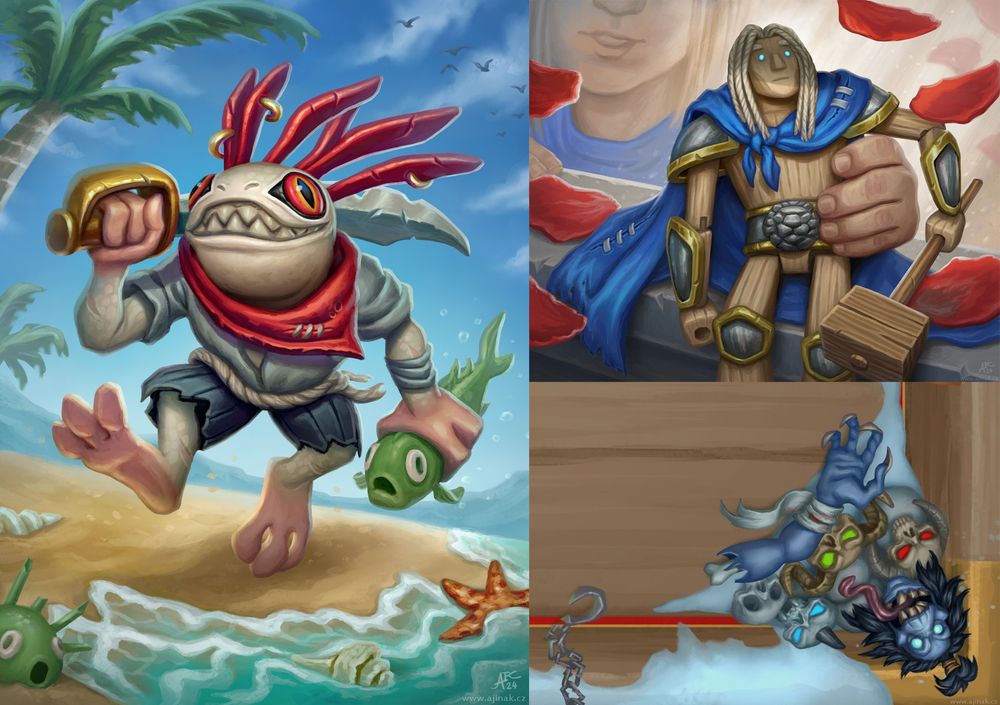 A collage of Hearthstone fanart: 1. An albino murloc pirate strolling a sunny beach, grinning, holding a sabre and a bamboozled fish. 2. Arthas as a wooden puppet paladin held by a boy, with red rose petals swirling around - inspired by a toy-themed HS expansion and a Warcraft 3 cinematic. 3. A cropped corner of a HS-themed chest, showing a top-down view of skulls, a ghoul arm, and a ghoul head with its tongue sticking out.