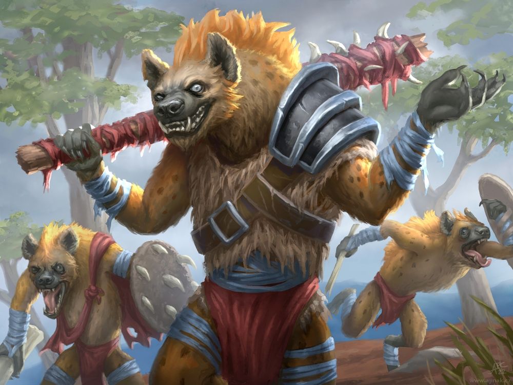 A digital painting of a hyena/gnoll trio in ragged clothing. The lead hyena holds a wooden weapon with teeth and shrugs shoulders, grinning sinisterly. Her shirt looks suspiciously like a lion's mane. One hyena in the background is tripping over a stone with a silly expression.