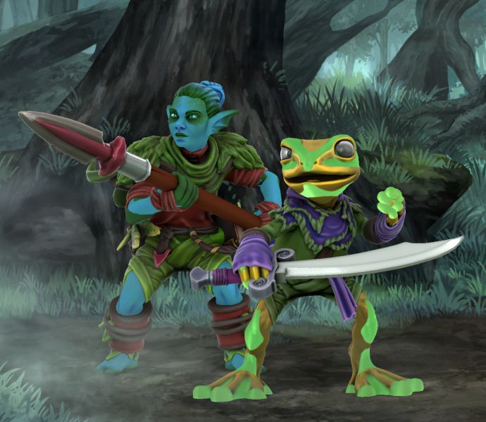 Full colour screenshot of mini figures made in Heroforge.

The image shows two characters standing alert in a misty forest clearing. On the left is Frank Rankrol, a 13-year-old male Swamp Genasi Monk, with vivid blue skin, pointed ears, and dark green-blue hair tied back. He wears layered green and red garments with leafy textures and grips a red-tipped spear in a guarded stance. On the right is Wandering Spider, a 13-year-old male Grung Ranger. He is a small, gold and green frog-like humanoid with large glossy black eyes and a wide open grin with a slight smirk. He wears green layered garments with a deep purple scarf and wrappings. He holds a curved scimitar in his right hand, raised in front of him, while his left hand is open and ready for combat. Both stand prepared in the foggy forest.