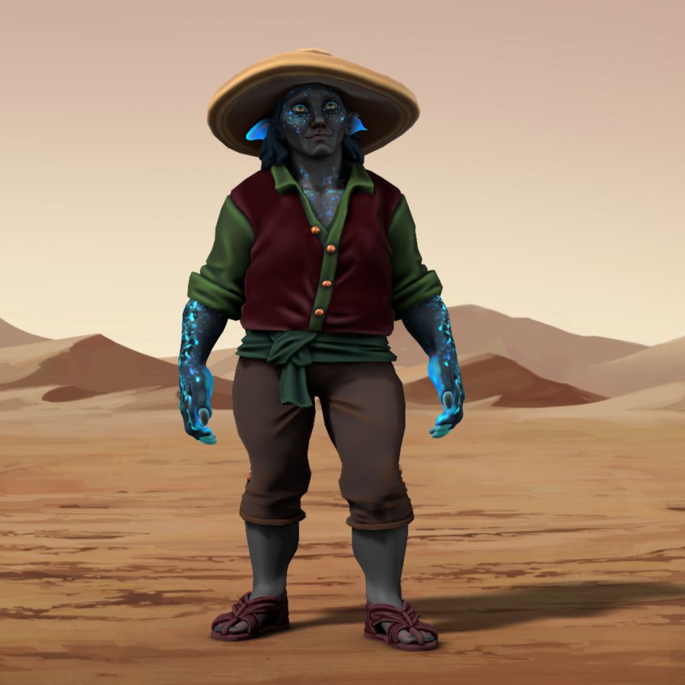 Full colour screenshot of a TTRPG minifigure made with Heroforge.

A male-presenting Elemkin (he/him) of mixed heritage stands alone in a vast desert landscape. He has deep grey skin, speckled with faint turquoise luminescence on his hands and face, and no tail or hooves. His expression is neutral and contemplative. He wears a red and green loose shirt over cropped brown trousers, with a wide straw hat. Simple sandals expose his stone-grey feet. He stands with arms relaxed at his sides, facing forward against the dry, open horizon.