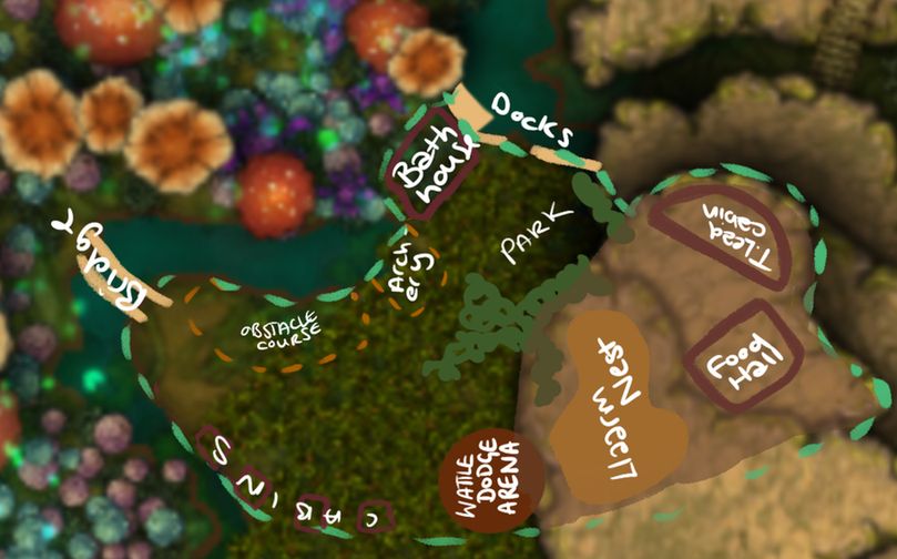 Full colour screenshot of a TTRPG map made with Inkarnate.

A top-down illustrated map of a wooded summer camp labeled “Camp WiWa,” annotated with white handwritten text. The terrain includes dense and patchy forest, grassy clearings, dirt paths, and a small lake. Green and orange dashed lines indicate trails and area boundaries. Notable locations marked on the map include:

• T. Lead Cabin – A small structure in the top right area; designated for the Troop Leader.

• Food Hall – Communal dining area near the T. Lead Cabin.

• Llaarm Nest – A nearby pen or structure for Llaarms, emu-like riding mounts.

• CABINS – Central cluster of buildings labeled collectively, representing the main troop sleeping quarters.

• Park – A lightly forested recreational zone on the left side of the map.

• Archery – A small designated area next to the Park, likely for target practice.

• Obstacle Course – Adjacent to the Archery area, situated in sparse woods.

• Docks – Located on the far left, extending into a small lake.

• Bridge – Positioned just above the Docks, crossing a narrow water channel.

• Wattle Dodge Arena – A large circular clearing near the bottom center of the map, possibly for games or training.
