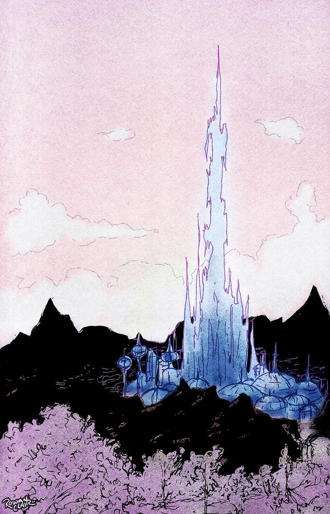 An ink illustration of the Crystarium from Final Fantasy XIV: Shadowbringers.