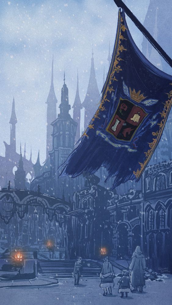 Illustration of Ishgard from Final Fantasy XIV: Heavensward. The tattered flag of the city-state flies in the foreground as Alphinaud, Tataru and the Warrior of Light are greeted by a House Fortemps manservant. The city's tall spires are silhouetted in shades of blue with snow falling around them.