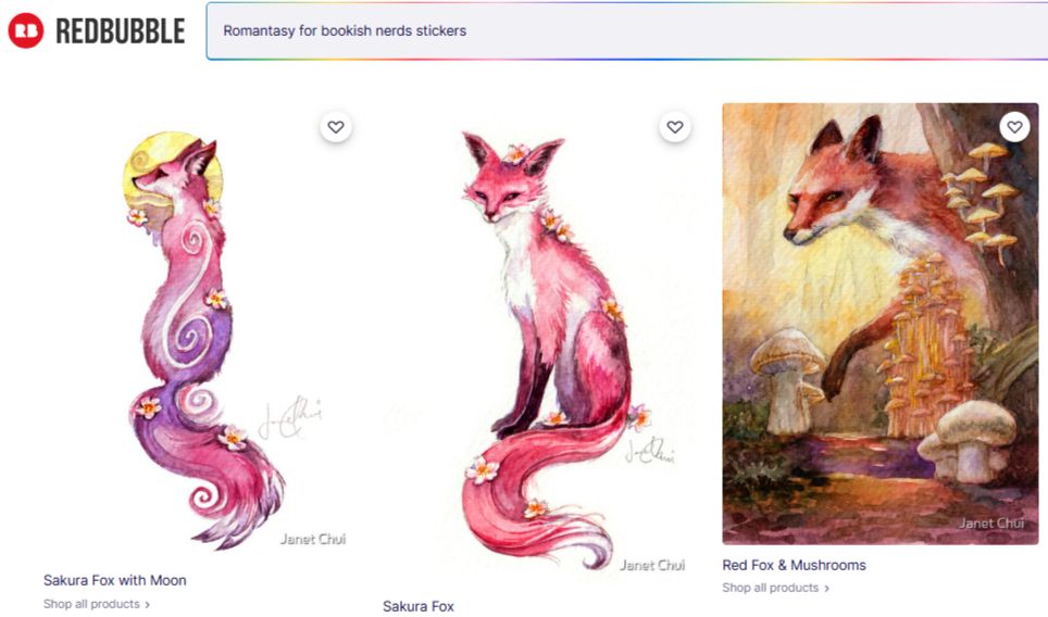 Screen capture of Redbubble Page with 3 of my fox designs.