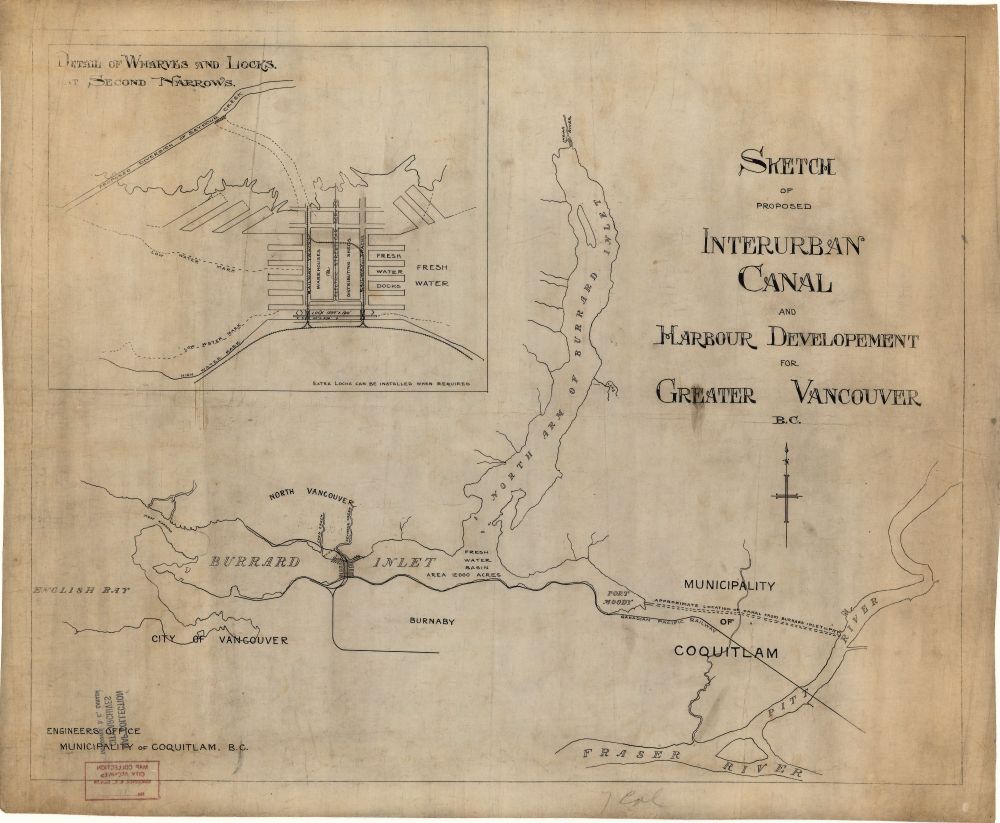 From the Vancouver archives

"Sketch of proposed interurban canal and harbour development for Greater Vancouver, B.C."

"Item is a copy of a map depicting the approximate location of a proposed canal from Burrard Inlet to the Pitt River and the Canadian Pacific Railway line. The map also includes "Detail of wharves and locks at Second Narrows"."