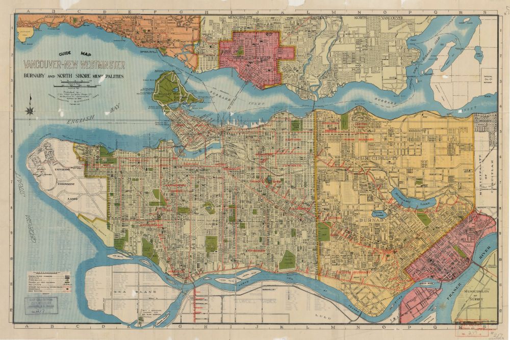 A map showing bus routes and interurbans and streetcars in Burnaby, Vancouver, and New Westminster in 1935 from https://searcharchives.vancouver.ca/guide-map-vancouver-new-westminster-burnaby-and-north-shore-municipalities-4