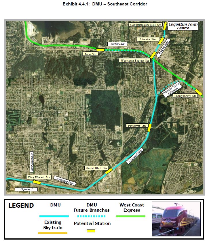 Map showing where stations would be located along the southeast corridor for a DMU service, with future branches to Ioco Road and Port Coquitlam