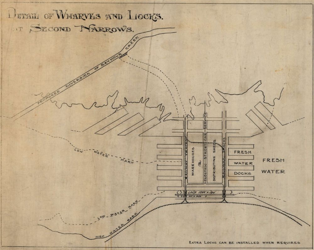 Inset of the first map showing "detail of wharves and locks at second narrows"